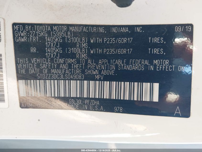 2020 Toyota Sienna L VIN: 5TDZZ3DC3LS049083 Lot: 43944004