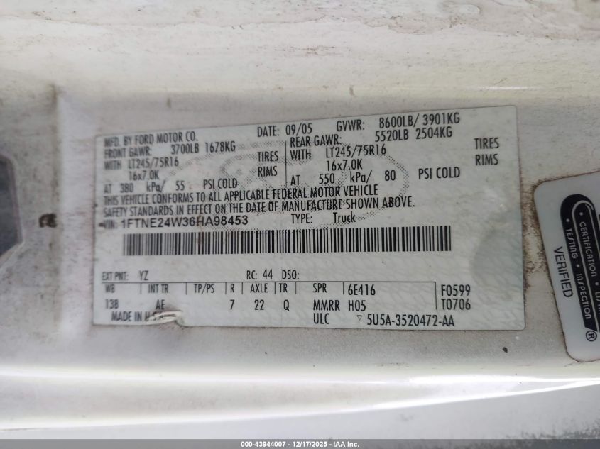 2006 Ford E-250 Commercial/Recreational VIN: 1FTNE24W36HA98453 Lot: 43944007