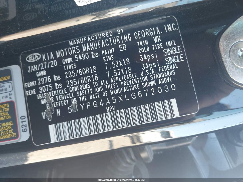 2020 Kia Sorento 3.3L Lx VIN: 5XYPG4A5XLG672030 Lot: 43944008