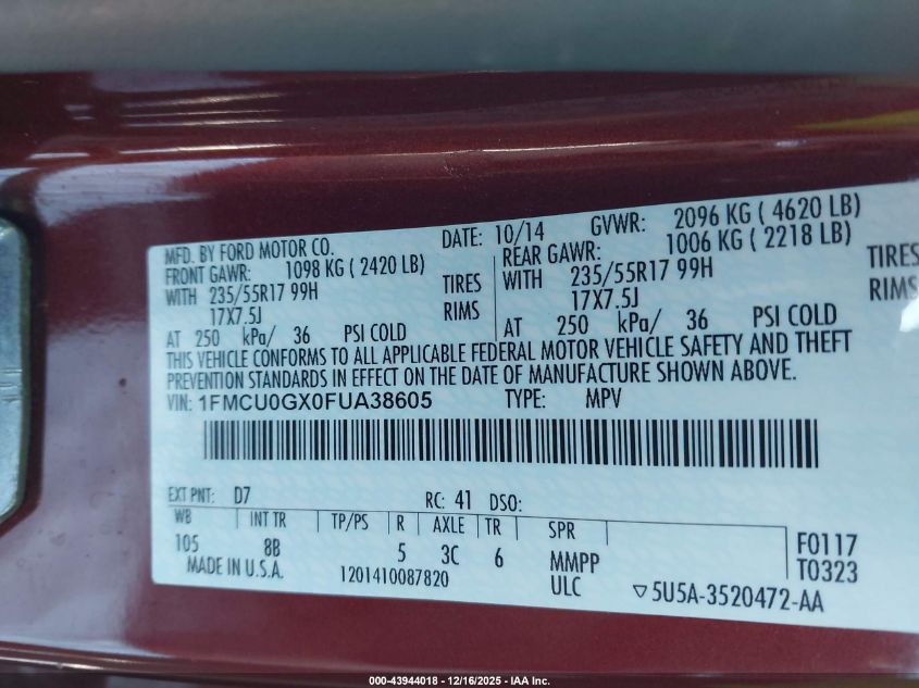 2015 Ford Escape Se VIN: 1FMCU0GX0FUA38605 Lot: 43944018