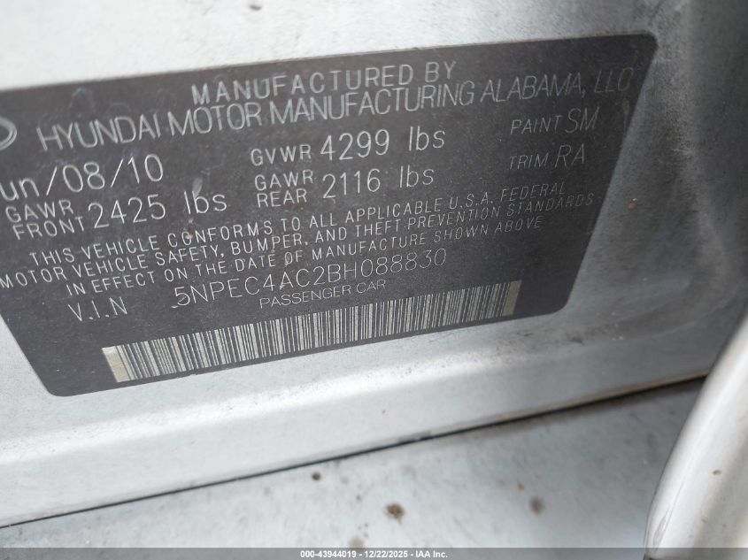 2011 Hyundai Sonata Limited VIN: 5NPEC4AC2BH088830 Lot: 43944019