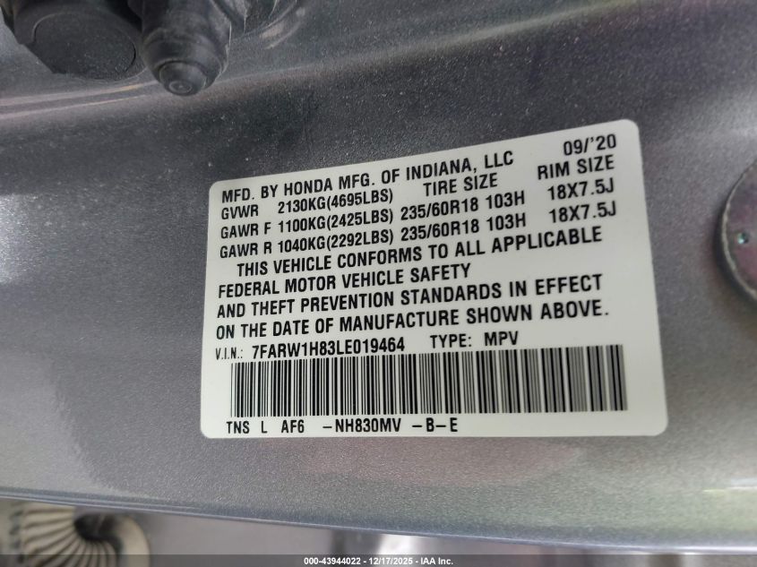 2020 Honda Cr-V 2Wd Ex-L VIN: 7FARW1H83LE019464 Lot: 43944022