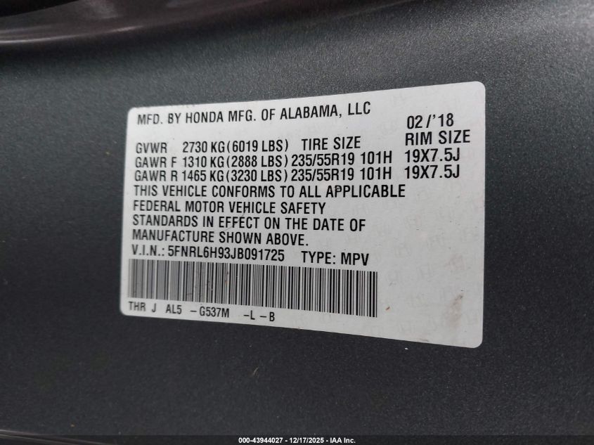 2018 Honda Odyssey Elite VIN: 5FNRL6H93JB091725 Lot: 43944027