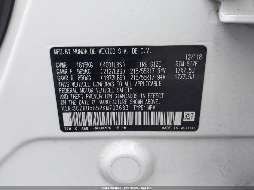 2019 Honda Hr-V Ex VIN: 3CZRU5H52KM703683 Lot: 43944028