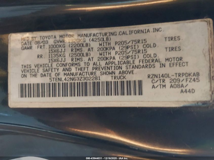 2003 Toyota Tacoma VIN: 5TENL42N63Z302281 Lot: 43944031