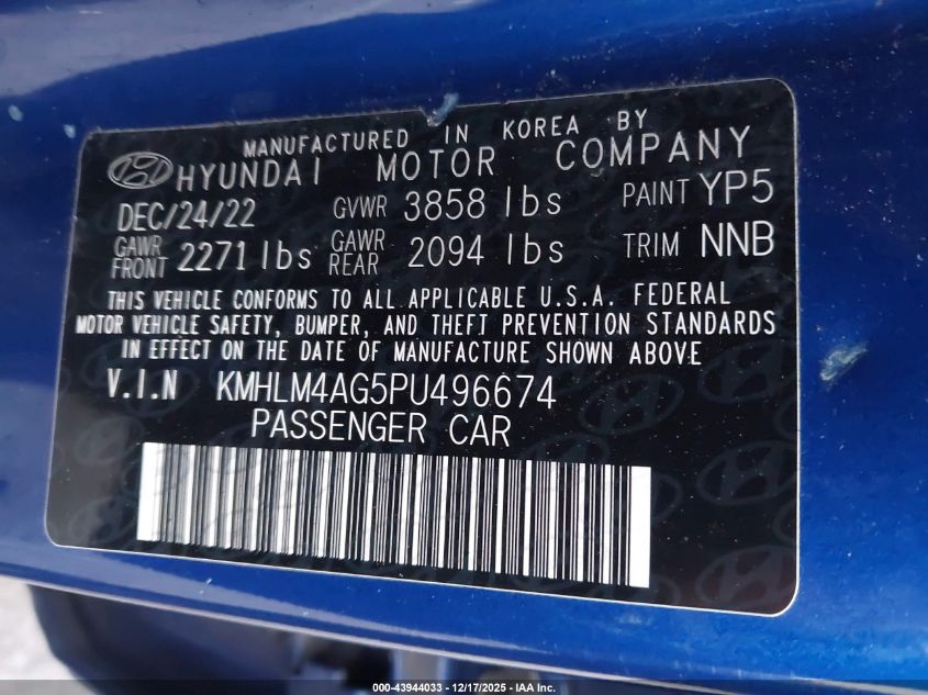 2023 Hyundai Elantra Sel VIN: KMHLM4AG5PU496674 Lot: 43944033