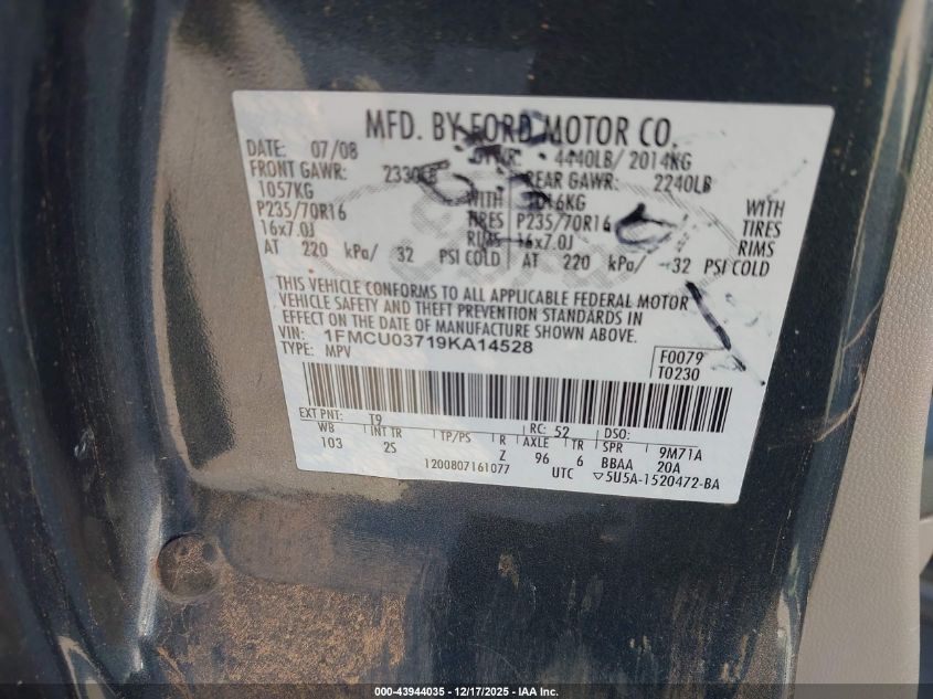 2009 Ford Escape Xlt VIN: 1FMCU03719KA14528 Lot: 43944035