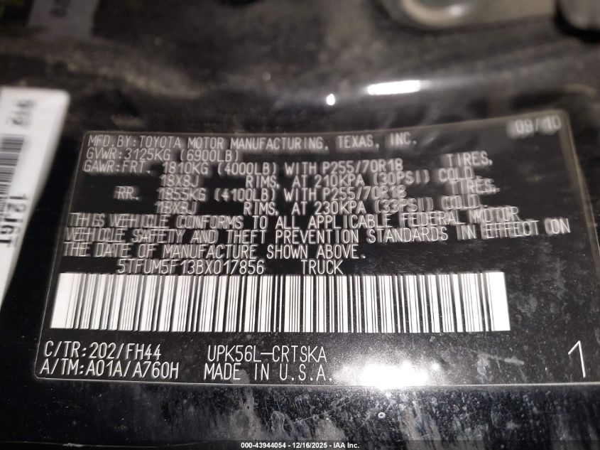 2011 Toyota Tundra Grade 4.6L V8 VIN: 5TFUM5F13BX017856 Lot: 43944054