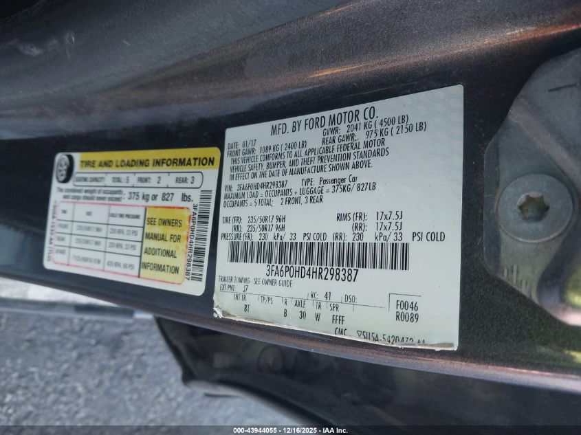 2017 Ford Fusion Se VIN: 3FA6P0HD4HR298387 Lot: 43944055