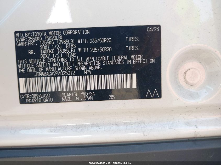 2023 Toyota Bz4X Limited VIN: JTMABACA2PA025012 Lot: 43944060