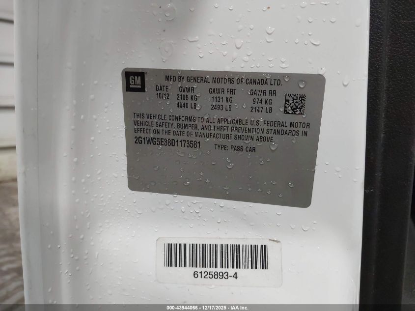 2013 Chevrolet Impala Lt VIN: 2G1WG5E38D1173581 Lot: 43944066