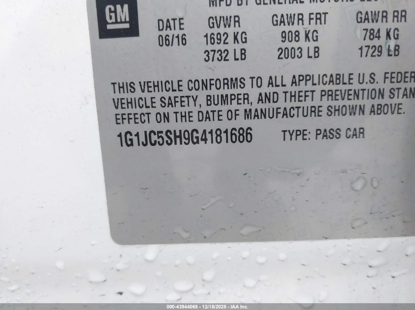 2016 Chevrolet Sonic Lt Auto VIN: 1G1JC5SH9G4181686 Lot: 43944068