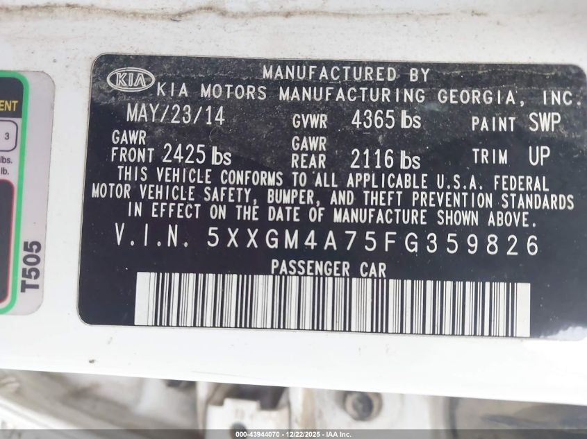 2015 Kia Optima Lx VIN: 5XXGM4A75FG359826 Lot: 43944070