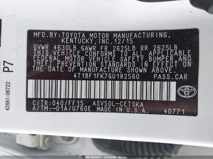 2016 Toyota Camry Se VIN: 4T1BF1FK7GU182560 Lot: 43944071