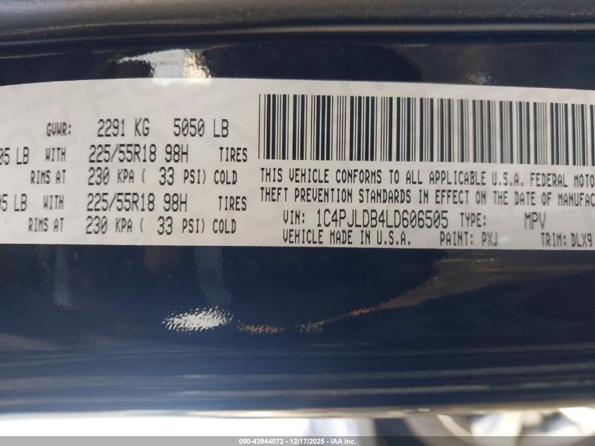 2020 Jeep Cherokee Limited Fwd VIN: 1C4PJLDB4LD606505 Lot: 43944072