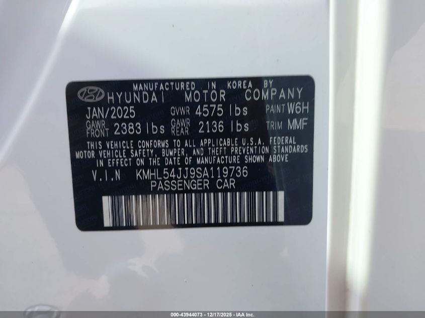2025 Hyundai Sonata Hybrid Limited VIN: KMHL54JJ9SA119736 Lot: 43944073