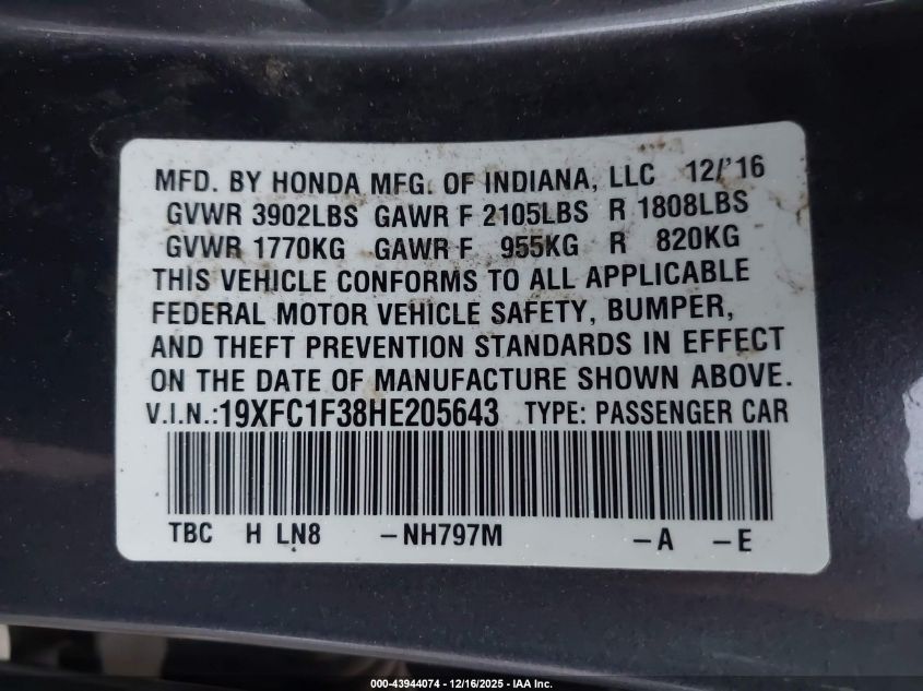 2017 Honda Civic Ex-T VIN: 19XFC1F38HE205643 Lot: 43944074