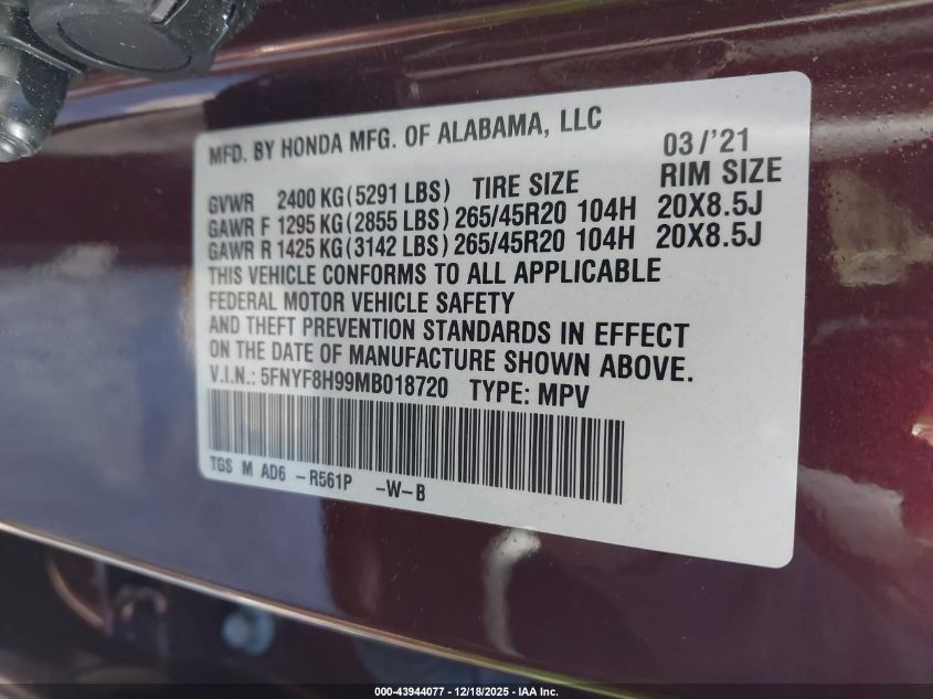 2021 Honda Passport Awd Touring VIN: 5FNYF8H99MB018720 Lot: 43944077