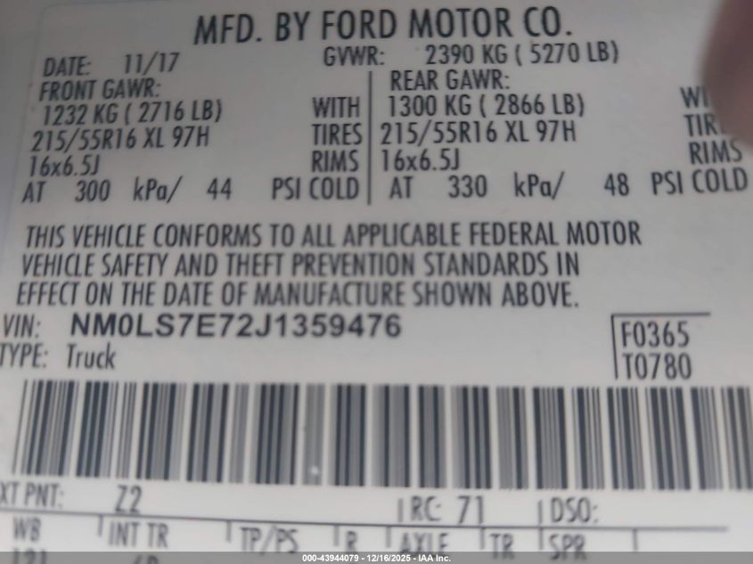 2018 Ford Transit Connect Xl VIN: NM0LS7E72J1359476 Lot: 43944079