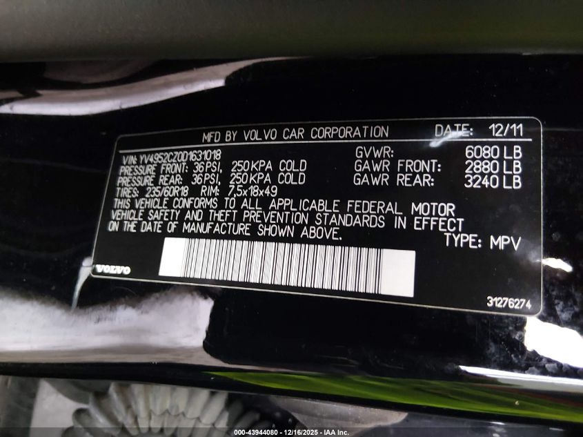 2013 Volvo Xc90 3.2 Platinum VIN: YV4952CZ0D1631018 Lot: 43944080