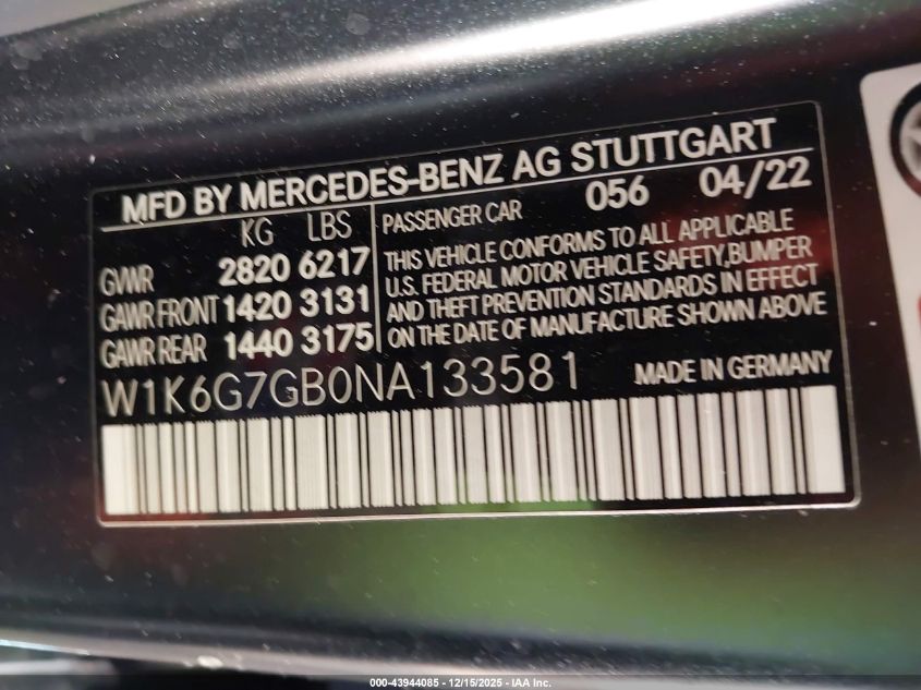 2022 Mercedes-Benz S 580 4Matic VIN: W1K6G7GB0NA133581 Lot: 43944085