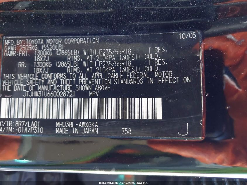 2006 Lexus Rx 400H VIN: JTJHW31U660028721 Lot: 43944086