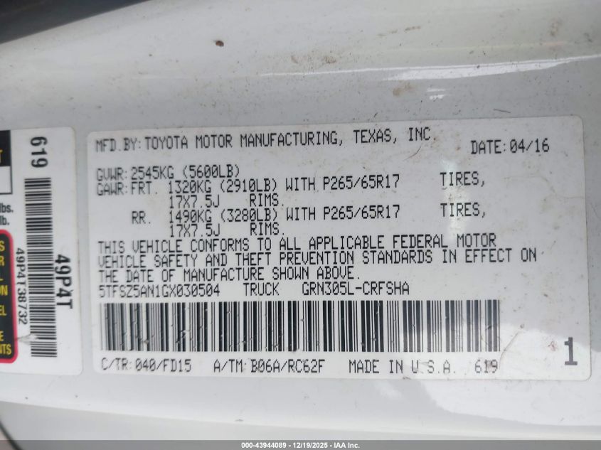 2016 Toyota Tacoma VIN: 5TFSZ5AN1GX030504 Lot: 43944089