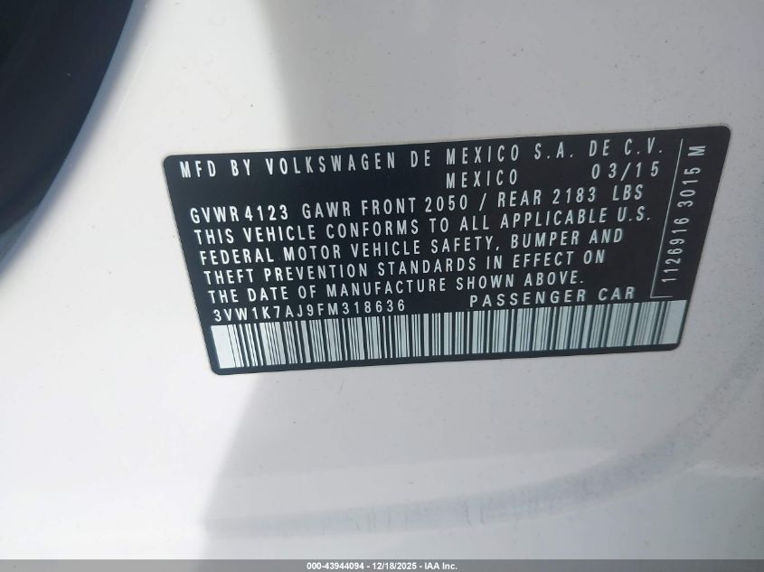 2015 Volkswagen Jetta 2.0L S VIN: 3VW1K7AJ9FM318636 Lot: 43944094