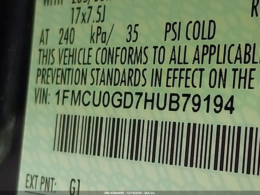 2017 Ford Escape Se VIN: 1FMCU0GD7HUB79194 Lot: 43944095