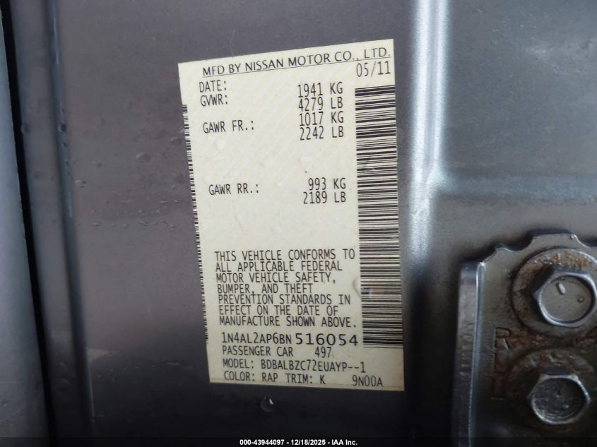 2011 Nissan Altima 2.5 S VIN: 1N4AL2AP6BN516054 Lot: 43944097