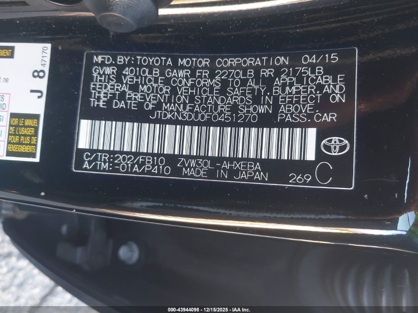 2015 Toyota Prius Two VIN: JTDKN3DU0F0451270 Lot: 43944098