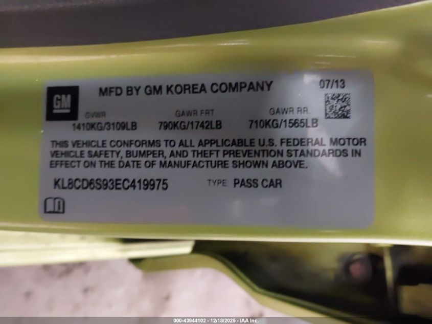 2014 Chevrolet Spark 1Lt Auto VIN: KL8CD6S93EC419975 Lot: 43944102