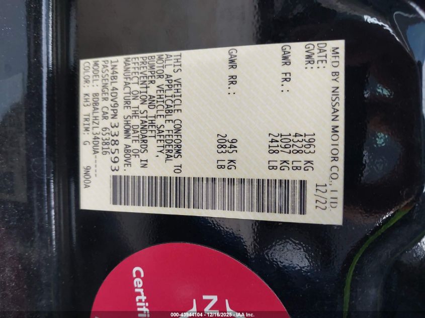 2023 Nissan Altima Sv Fwd VIN: 1N4BL4DV9PN338593 Lot: 43944104