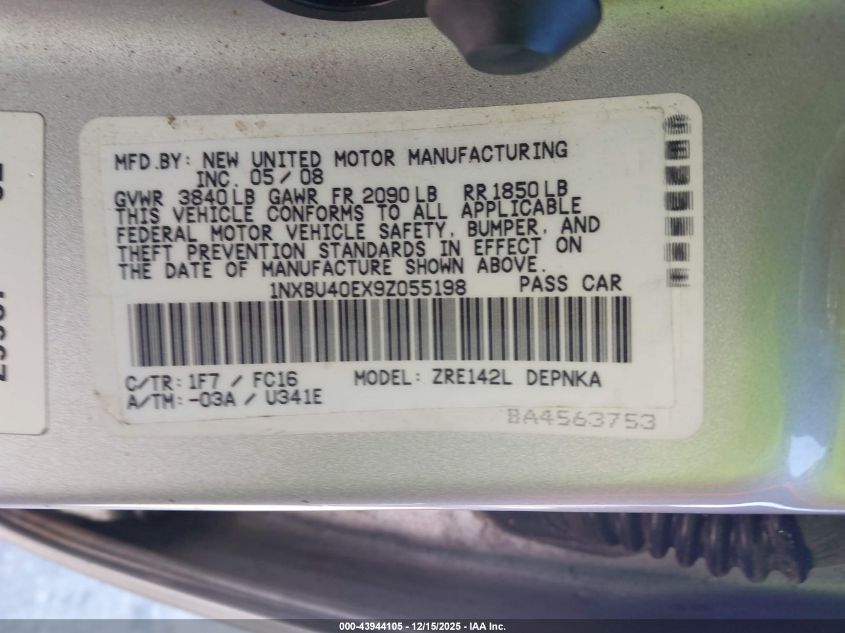 2009 Toyota Corolla Xle VIN: 1NXBU40EX9Z055198 Lot: 43944105