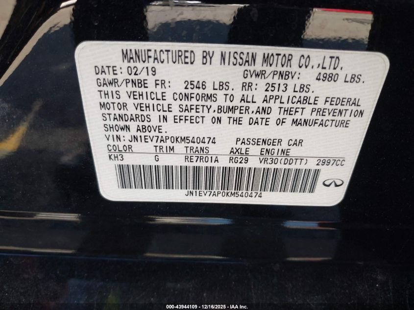 2019 Infiniti Q50 3.0T Luxe VIN: JN1EV7AP0KM540474 Lot: 43944109