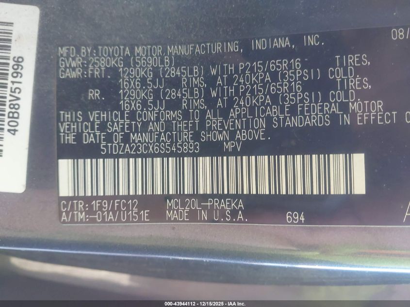 2006 Toyota Sienna Le VIN: 5TDZA23CX6S545893 Lot: 43944112