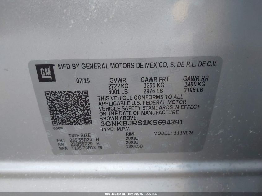 2019 Chevrolet Blazer Rs VIN: 3GNKBJRS1KS694391 Lot: 43944113