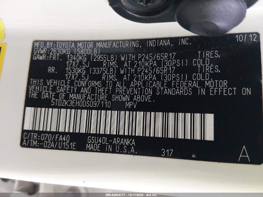 2013 Toyota Highlander Base Plus V6 VIN: 5TDZK3EH0DS097110 Lot: 43944117