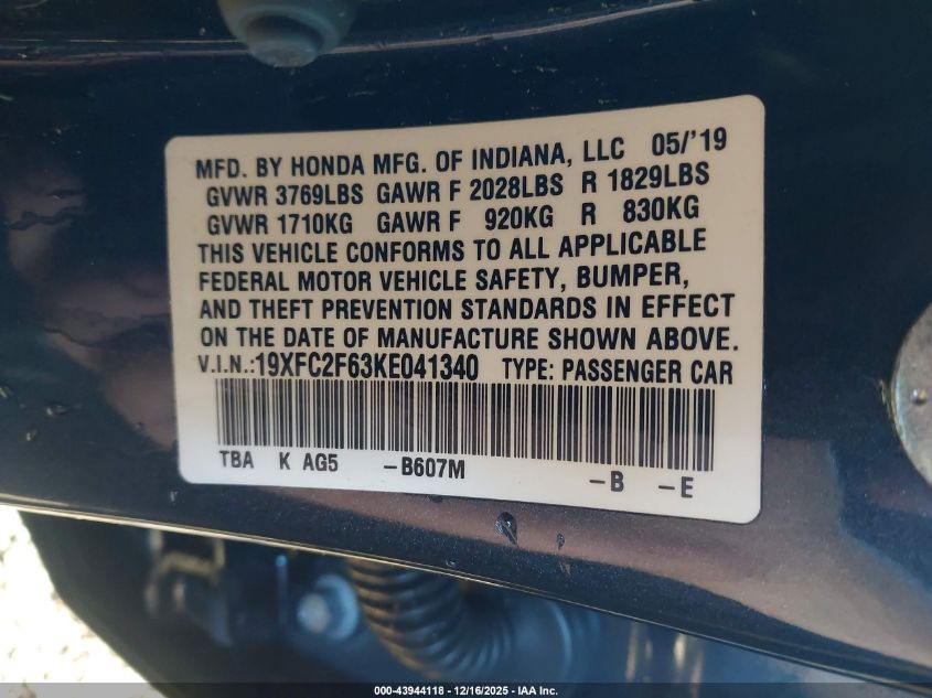 2019 Honda Civic Lx VIN: 19XFC2F63KE041340 Lot: 43944118