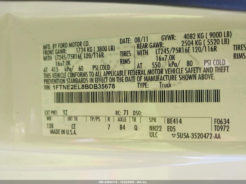 2011 Ford E-250 Commercial VIN: 1FTNE2EL8BDB35678 Lot: 43944119