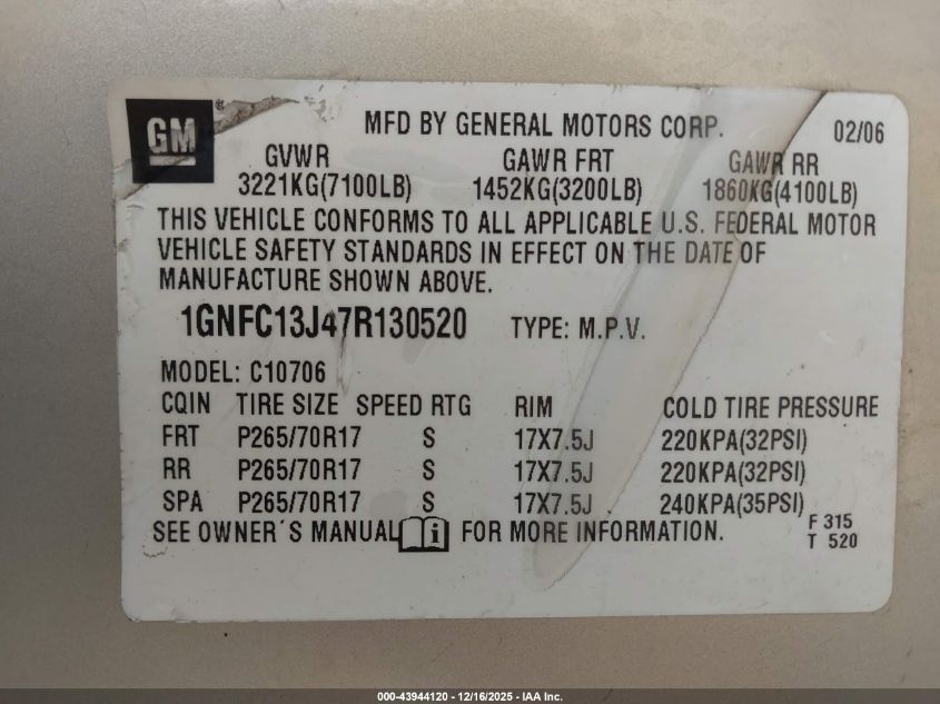 2007 Chevrolet Tahoe Lt VIN: 1GNFC13J47R130520 Lot: 43944120