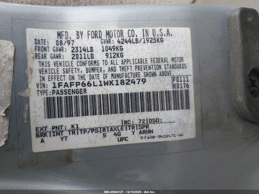 1998 Ford Contour VIN: 1FAFP66L1WK182479 Lot: 43944127