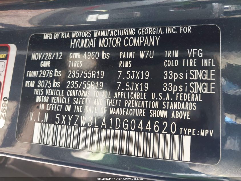 2013 Hyundai Santa Fe Sport 2.0T VIN: 5XYZW3LA1DG044620 Lot: 43944137