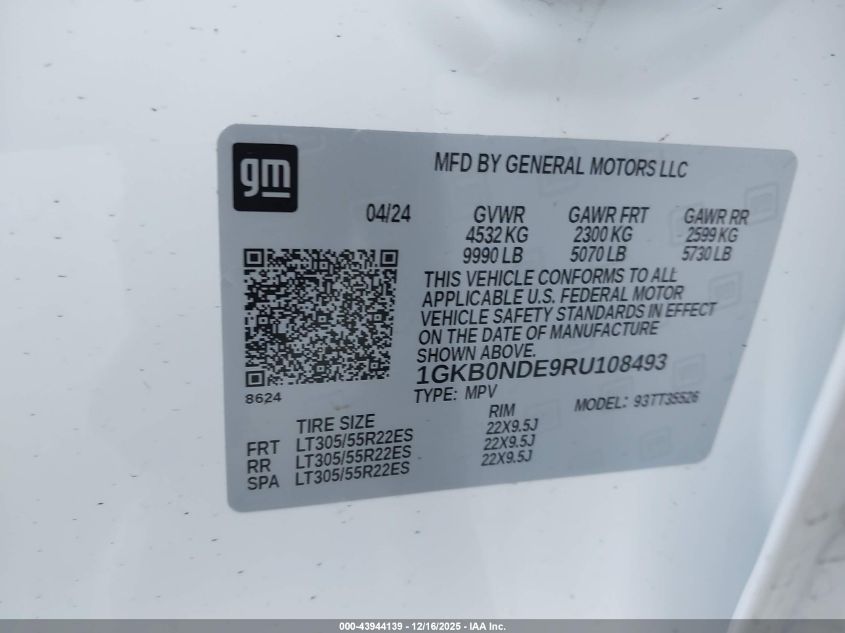 2024 GMC Hummer Ev Suv 2X VIN: 1GKB0NDE9RU108493 Lot: 43944139