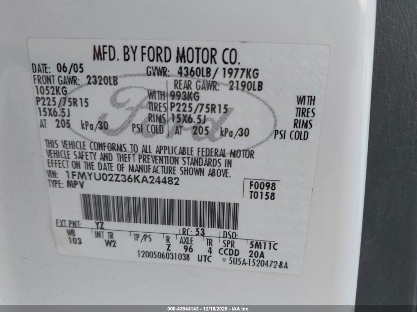 2006 Ford Escape Xls/Xls Manual VIN: 1FMYU02Z36KA24482 Lot: 43944143