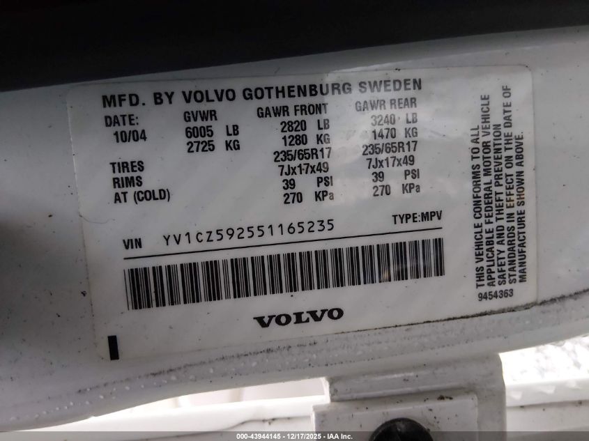 2005 Volvo Xc90 2.5T Awd VIN: YV1CZ592551165235 Lot: 43944145