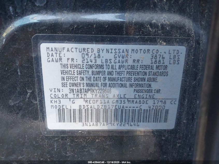 2019 Nissan Sentra Sv VIN: 3N1AB7AP9KY229646 Lot: 43944146