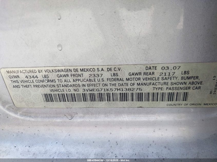 2007 Volkswagen Jetta Wolfsburg Edition VIN: 3VWEG71K57M138275 Lot: 43944150