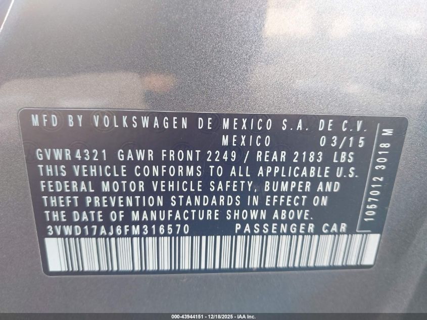 2015 Volkswagen Jetta 1.8T Se VIN: 3VWD17AJ6FM316570 Lot: 43944151