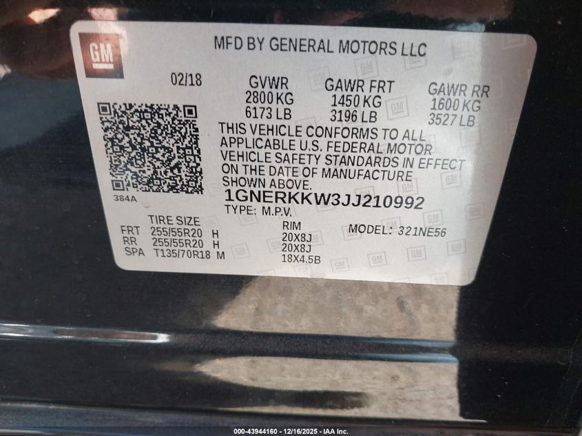 2018 Chevrolet Traverse Premier VIN: 1GNERKKW3JJ210992 Lot: 43944160